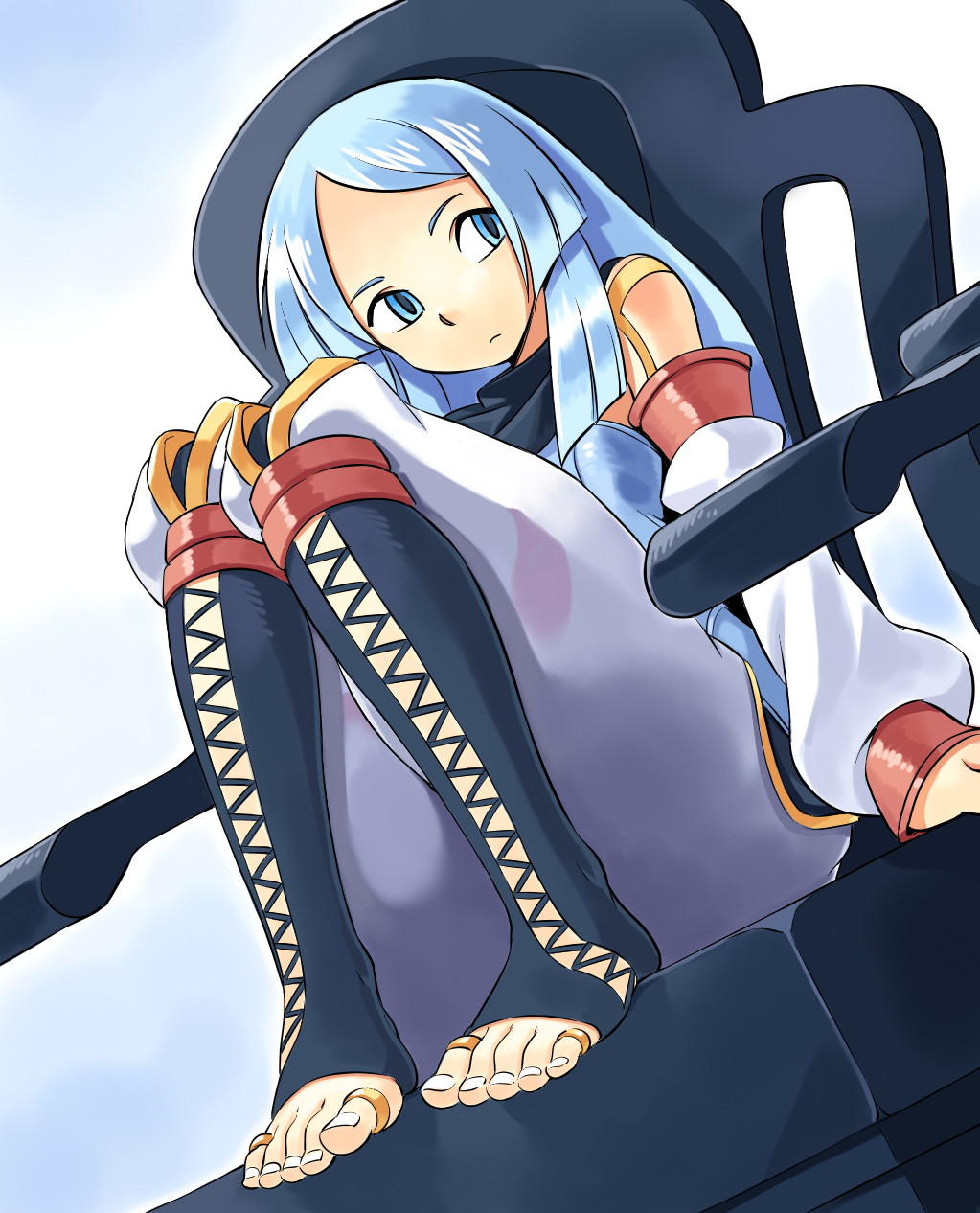 barefoot blue_eyes blue_hair chair detached_sleeves dutch_angle erica_(malicious) feet feet_on_chair highres jewelry long_hair looking_away malicious oyatsu_(mk2) ring sitting toe_ring toeless_legwear toes