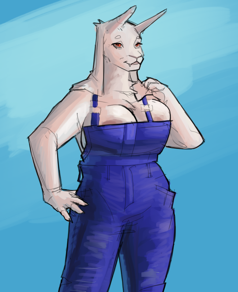 anthro areola areola_slip big_breasts boss_monster_(undertale) bovid breasts bursting_breasts caprine chest_tuft felid female floppy_ears fur goat hand_on_hip horn huge_breasts lion mammal mature_anthro mature_female md34 monster nipple_slip overalls_only pantherine red_eyes solo toriel tuft undertale_(series) white_body white_fur