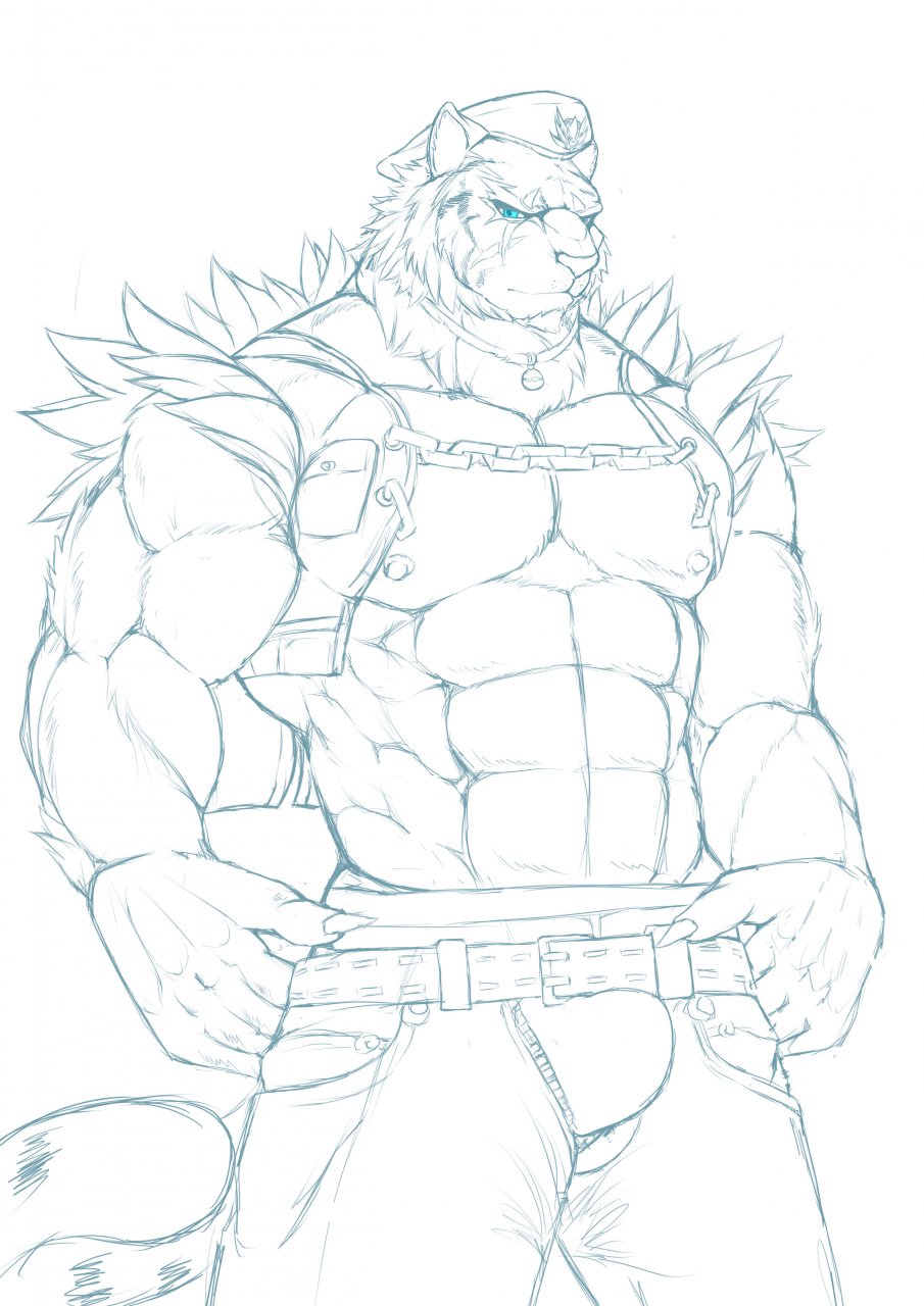 anthro armor beard belt biceps big_muscles blue_eyes bulge chain claws clothing collar facial_hair feline fur goatee hat line_art lokya looking_at_viewer male mammal monochrome muscles nipples pants pecs pose scar sketch solo standing tiger toned topless unzipped vest