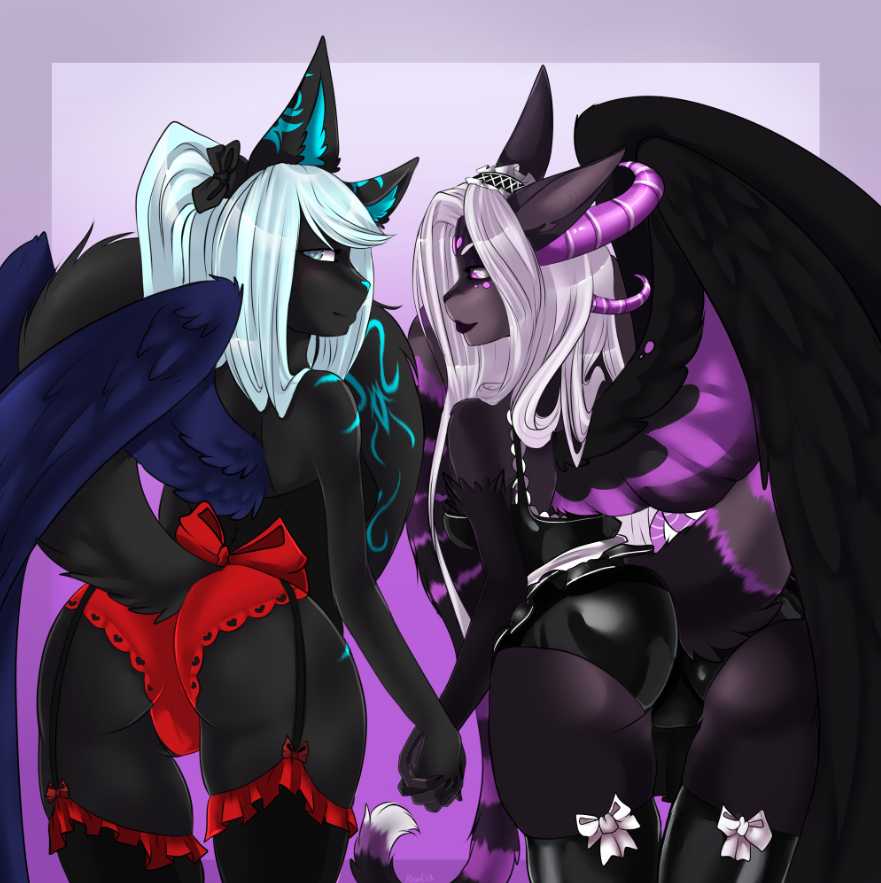 2014 anthro black_fur blackdragon1800 blue_eyes blue_hair breasts butt clothing corset feathers female fur hair holding horn long_hair looking_back markings moonblossom mrawl panties pink_eyes pink_fur plain_background pointy_ears pose purple_fur raised_tail rubber shiny side_boob smile smooth standing stockings stripes teal_nose thighs underwear white_fur white_hair wings