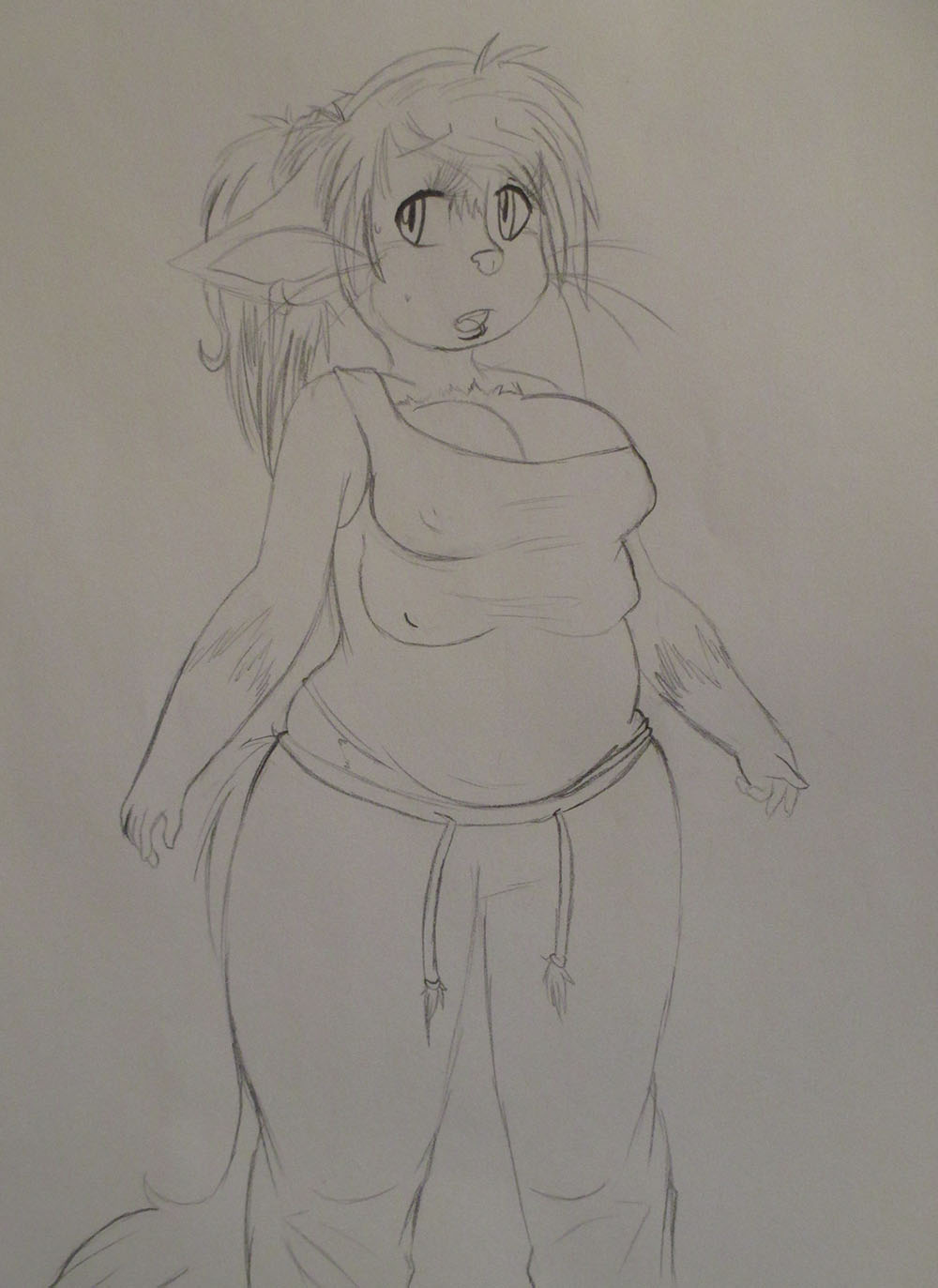 anthro breasts chubby clothed clothing ear_piercing eye_lashes eyelashes female fur invalid_tag knavesaga lip_ring looking_at_viewer morgan multi_breast nipples open_mouth piercing sketch solo standing tongue