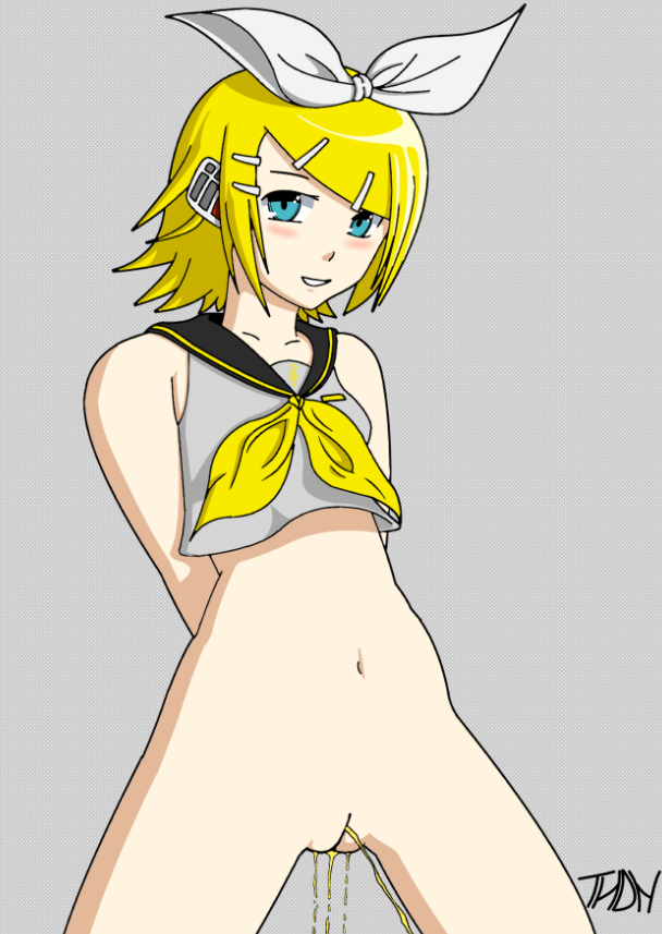 aqua_eyes arms_behind_back bare_shoulders blonde_hair blush bottomless bow cowboy_shot grey_background grin hair_bow hair_ornament hairclip headset kagamine_rin looking_at_viewer navel neckerchief pee peeing pussy sailor_collar seductive_smile simple_background smile solo standing uncensored vocaloid