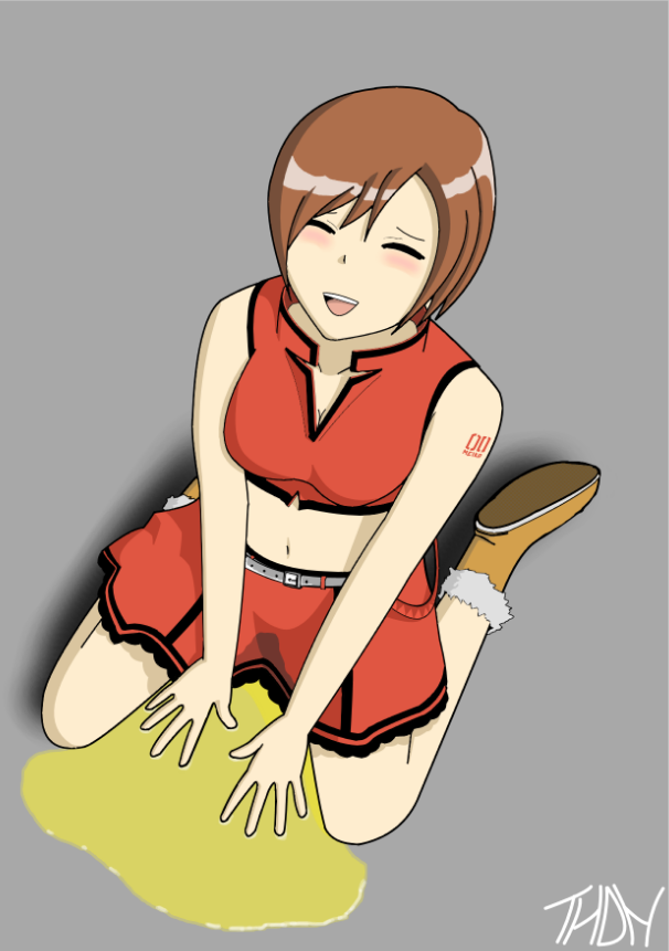 :d ^_^ ankle_boots arm_support bangs bare_arms belt blush boots breasts brown_hair closed_eyes crop_top full_body fur_trim grey_background meiko midriff miniskirt navel open_mouth pee peeing peeing_self puddle red_skirt short_hair simple_background sitting skirt smile solo swept_bangs tattoo vocaloid wariza
