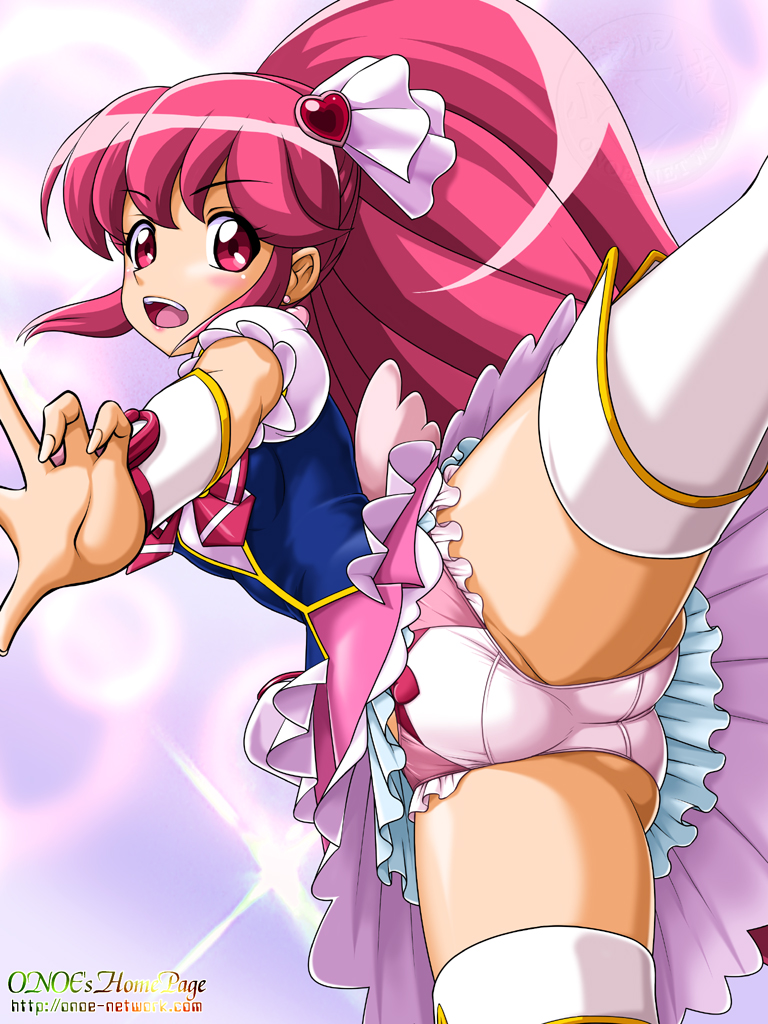aino_megumi blush boots cure_lovely eyelashes hair_ornament happinesscharge_precure! heart heart_hair_ornament long_hair looking_at_viewer magical_girl onoe open_mouth panties pink_eyes pink_hair pink_panties pink_skirt ponytail precure puffy_sleeves shirt skirt solo thigh_boots thighhighs underwear white_legwear wide_ponytail wrist_cuffs