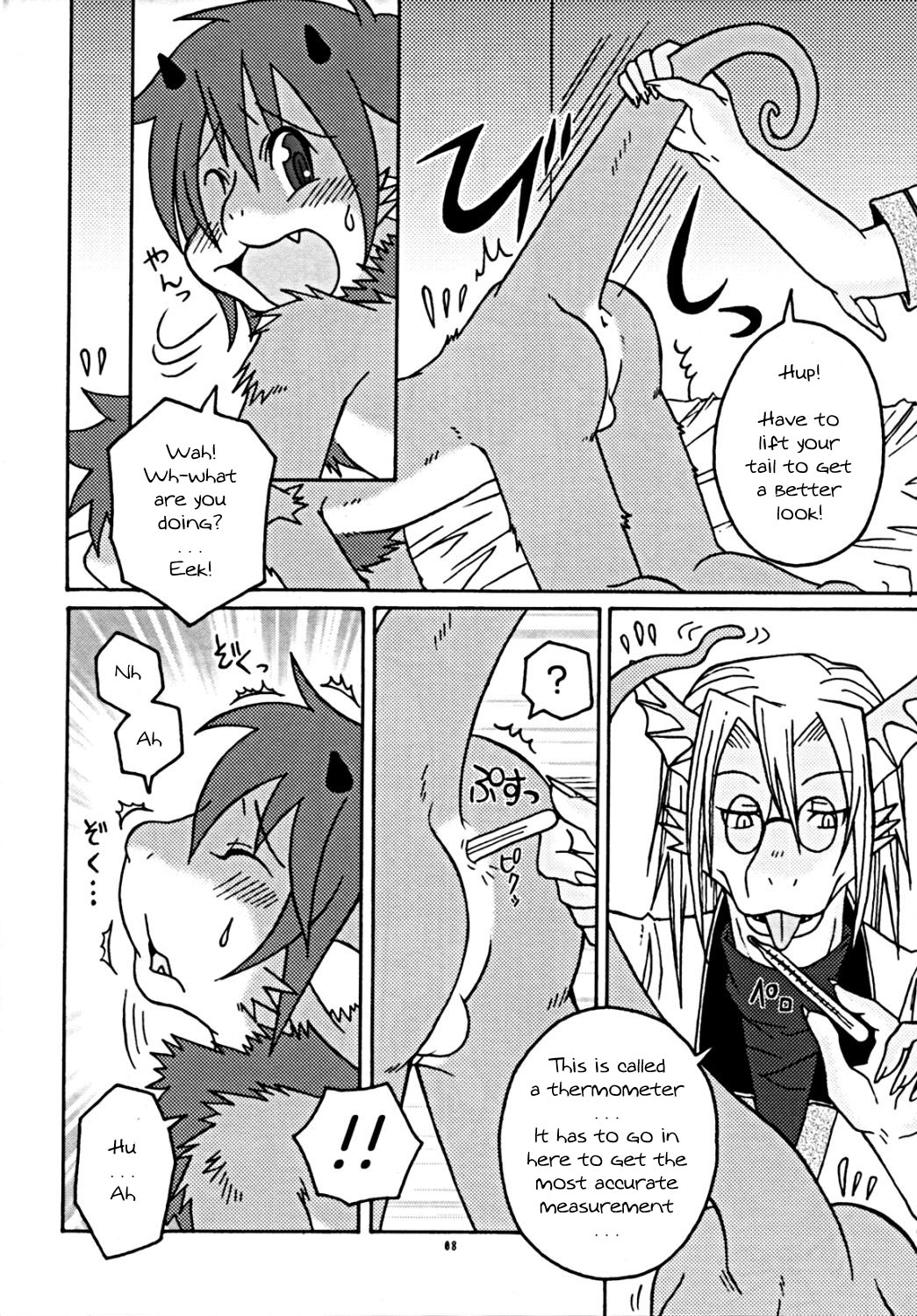 age_difference anal anal_penetration anal_thermometer anthro anus ass_up balls clothing comic cute date_natsuku dragon duo eyes_closed eyewear furred_dragon glasses hair horn invalid_tag male monochrome nude open_mouth penetration sweat tail_grab text thermometer tongue tongue_out young