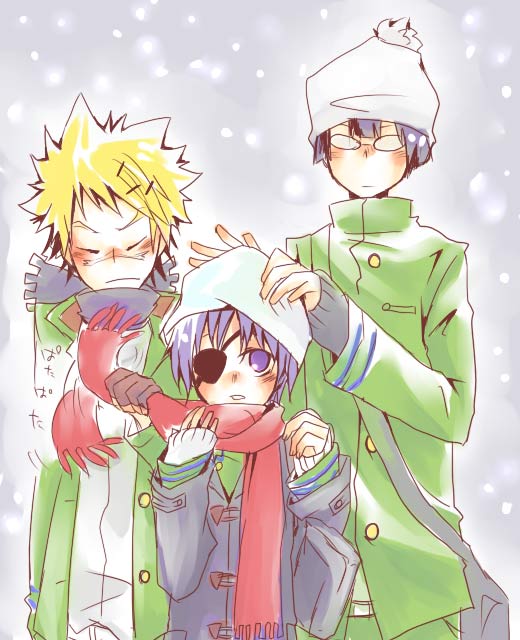 2boys artist_request beanie blush buttons chrome_dokuro closed_eyes coat cowboy_shot eyepatch hat height_difference joushima_ken kakimoto_chikusa katekyo_hitman_reborn! long_sleeves looking_at_viewer multiple_boys red_scarf scarf snowing spiked_hair wince winter_clothes winter_coat