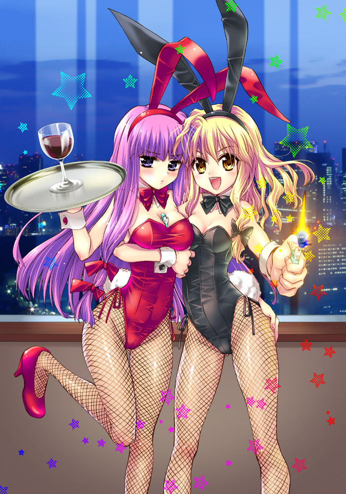 :d alcohol animal_ears ass_visible_through_thighs between_breasts black_leotard blonde_hair blush bow bowtie breast_hold breasts brown_eyes bunny_ears bunnysuit cityscape cleavage detached_collar fishnet_pantyhose fishnets frown goblet hand_on_ass high_heels hug kirisame_marisa leotard lighter long_hair medium_breasts multiple_girls open_mouth pantyhose patchouli_knowledge purple_eyes purple_hair red_leotard sato-pon shoes smile standing standing_on_one_leg star thigh_gap touhou tray wine wrist_cuffs yellow_eyes