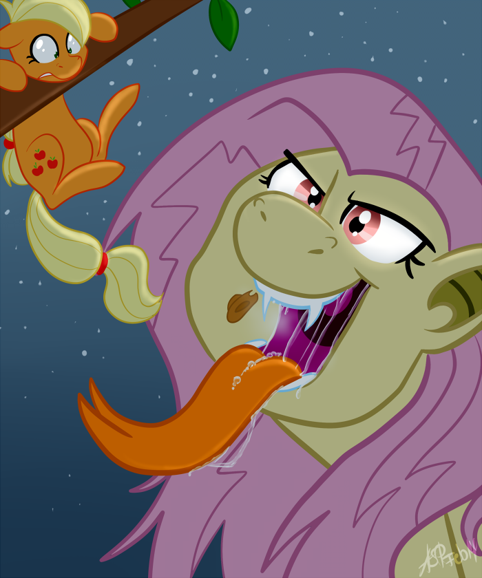 applejack_(mlp) bat_pony blonde_hair chubbyjam cowboy_hat cutie_mark duo equine fangs female feral flutterbat_(mlp) fluttershy_(mlp) friendship_is_magic fur green_eyes hair hat horse macro mammal micro my_little_pony orange_fur outside pink_hair pony saliva tongue tongue_out vorarephilia vore yellow_fur