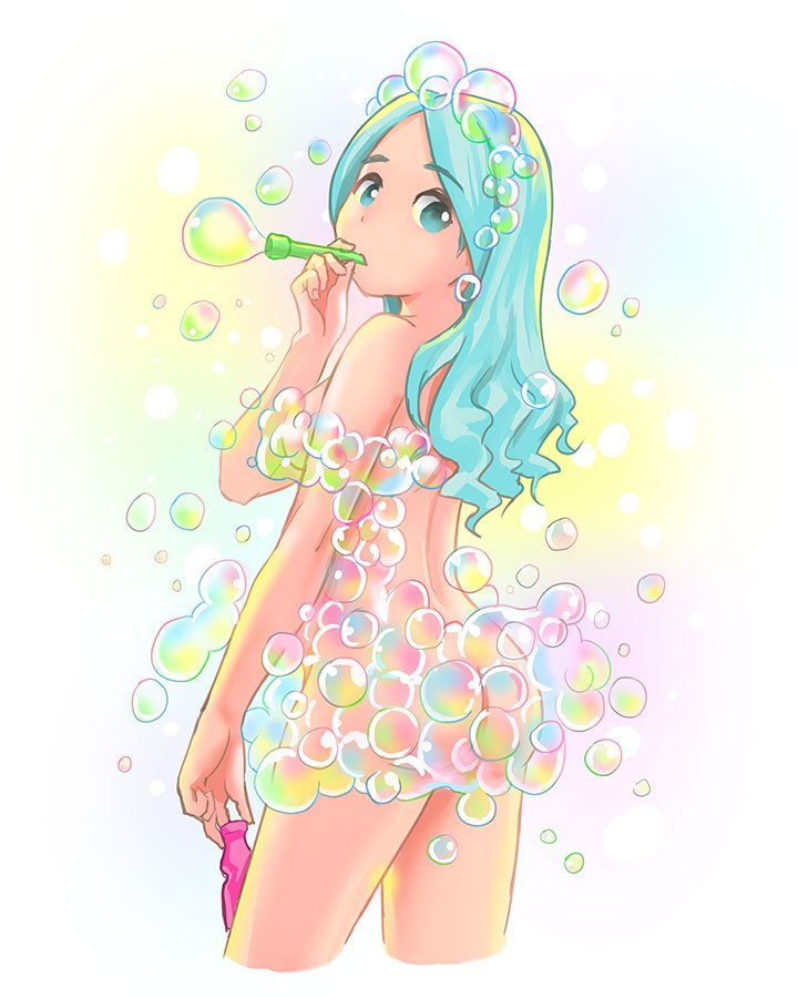 1girl air_bubble aqua_hair ass bangs blue_eyes bottle breasts bubble bubble_blowing censored commentary_request dot_nose eyebrows_visible_through_hair feet_out_of_frame from_behind himeshaga holding holding_bottle in_mouth looking_at_viewer medium_breasts medium_hair nipple_censor nude original parted_bangs simple_background solo standing
