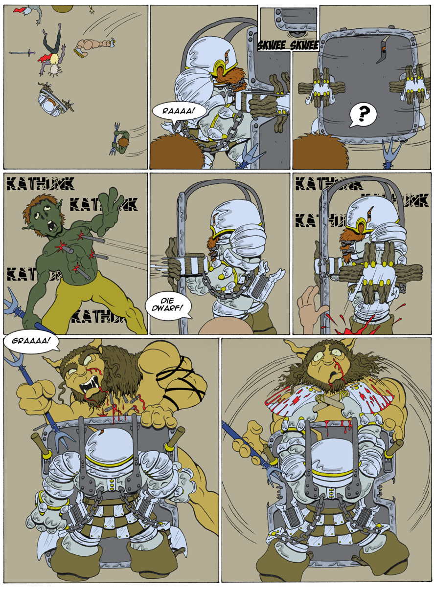 armor beard blood chain clothed clothing comic dwarf facial_hair goblins hair half-dressed helmet humanoid kill male ogre orc ranged_weapon shield sword text thunt weapon webcomic