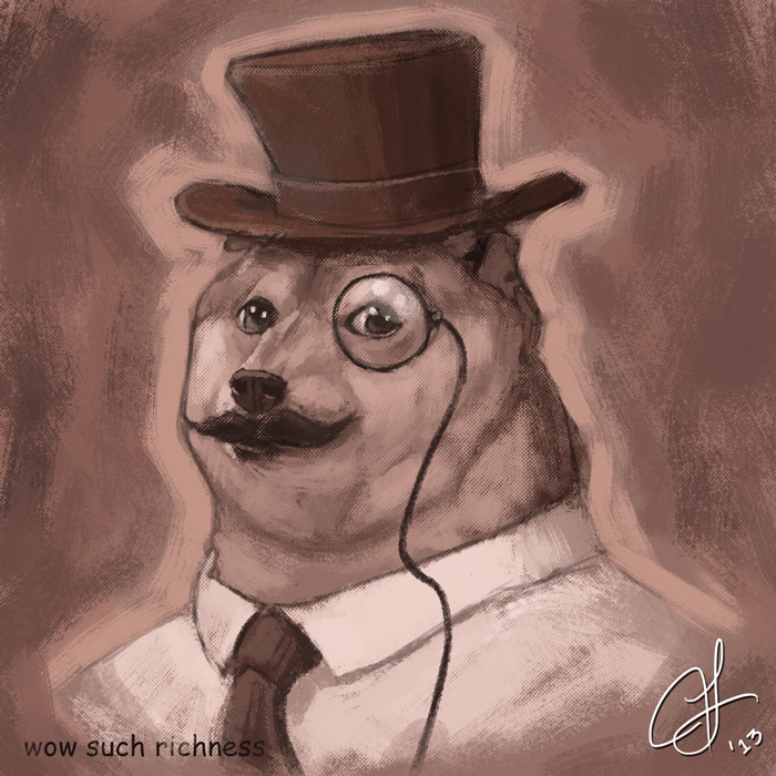 anthro black_nose canine clothing dog doge english_text eyewear facial_hair fancy fluffy hammn hat looking_at_viewer mammal meme monocle mustache necktie shiba_inu shirt signature text top_hat what