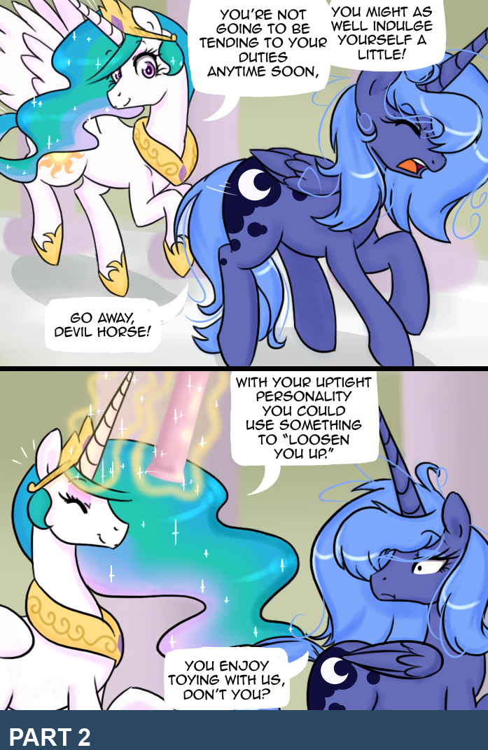 blue_eyes blue_hair comic dialog dildo english_text equine female feral friendship_is_magic hair horn horse long_hair loopend mammal multi-colored_hair my_little_pony pink_eyes pony princess_celestia_(mlp) princess_luna_(mlp) sex_toy smile text winged_unicorn wings young