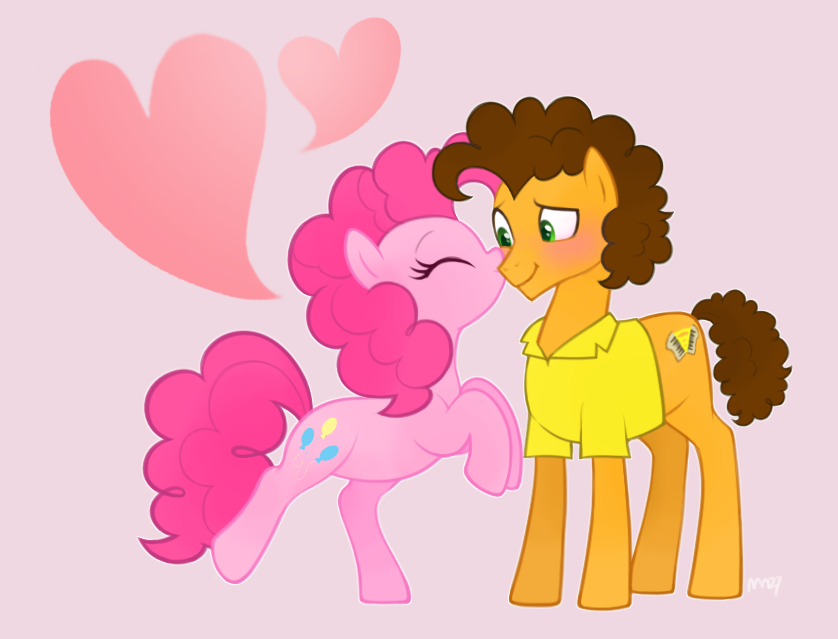 blush bottomless brown_fur brown_hair cheese_sandwich_(mlp) clothing couple cutie_mark duo equine eyes_closed female feral friendship_is_magic fur green_eyes hair horse kissing male mammal mn27 my_little_pony pink_fur pink_hair pinkie_pie_(mlp) pony shirt