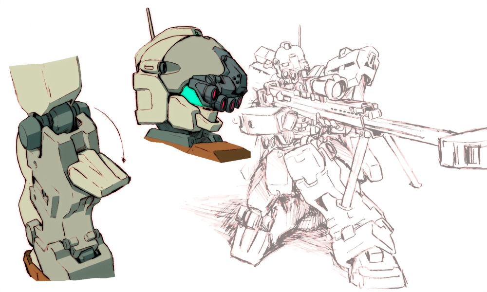 aiming assault_visor blue_visor color_variation commentary_request earth_federation exposed_internal_machinery gm_(mobile_suit) gm_sniper gun gundam kneeling machinery mecha mecha_focus mobile_suit monochrome multiple_views no_humans original radio_antenna redesign rifle robot science_fiction sketch sniper_rifle tessaku_ro weapon white_background