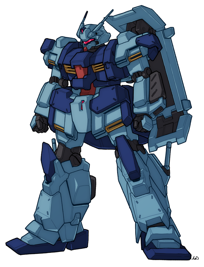 commentary_request earth_federation gundam gundam_hathaway's_flash gustav_karl machinery mecha mecha_focus mobile_suit original radio_antenna red_visor redesign robot science_fiction shield signature tessaku_ro white_background