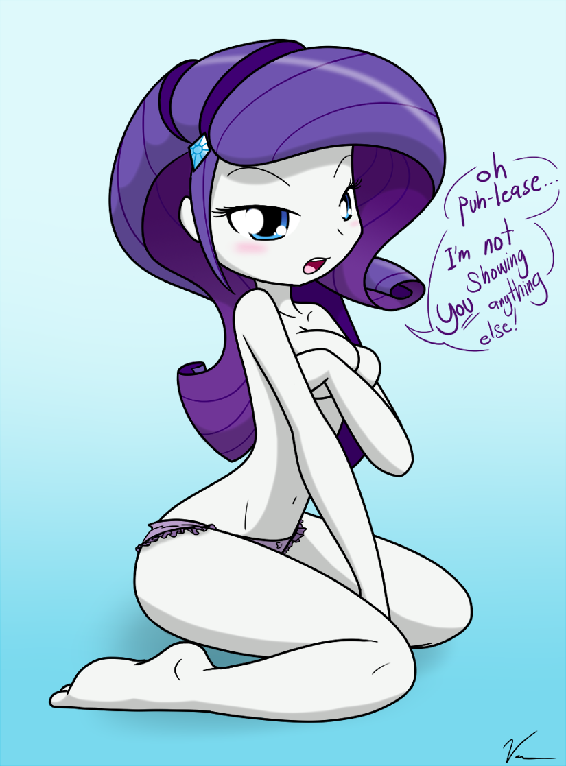 2013 blue_eyes breasts cleavage clothed clothing covering dialog english_text equestria_girls female hair human mammal my_little_pony panties purple_hair rarity_(eg) solo text theoretical-chaos topless underwear
