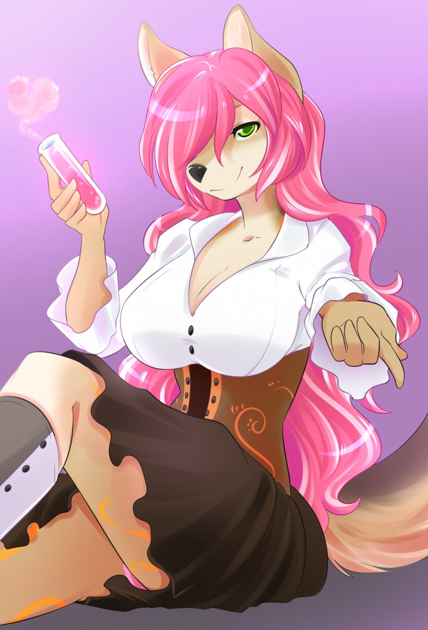 beckoning canine clothing female forefinger green_eyes hair hair_over_eye holding long_hair mammal panties panty_shot pink_hair shirt sitting skirt smile spazzykoneko underwear