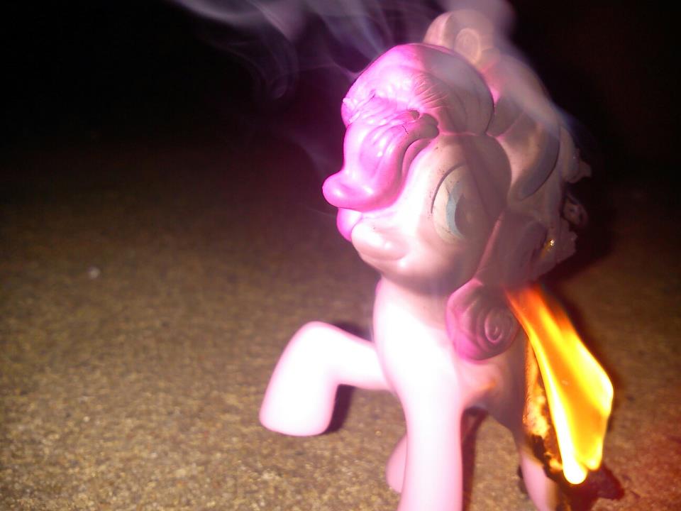 and_nothing_of_value_was_lost burning burnt carpet curly_hair equine figurine fire friendship_is_magic fur hair horse long_hair mammal melting my_little_pony on_fire pink_fur pink_hair pinkie_pie_(mlp) plastic pony real smoke solo toy