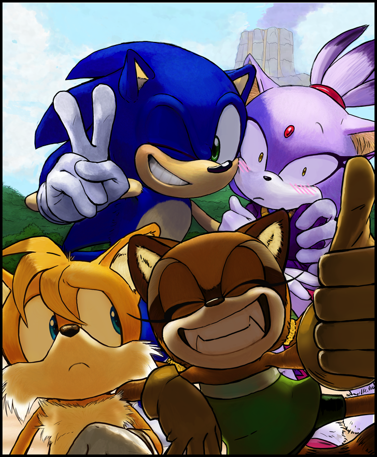 blush canine feline female fox group hedgehog knockabiller male mammal marine_the_raccoon miles_prower one_eye_closed raccoon sega smile sonic_(series) sonic_the_hedgehog wink