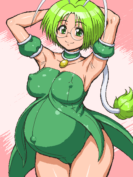 1girl aliasing antennae armband armbands collar female glasses green_eyes green_hair happy mew_lettuce midorikawa_lettuce oekaki pregnant smile solo tenseiani tokyo_mew_mew