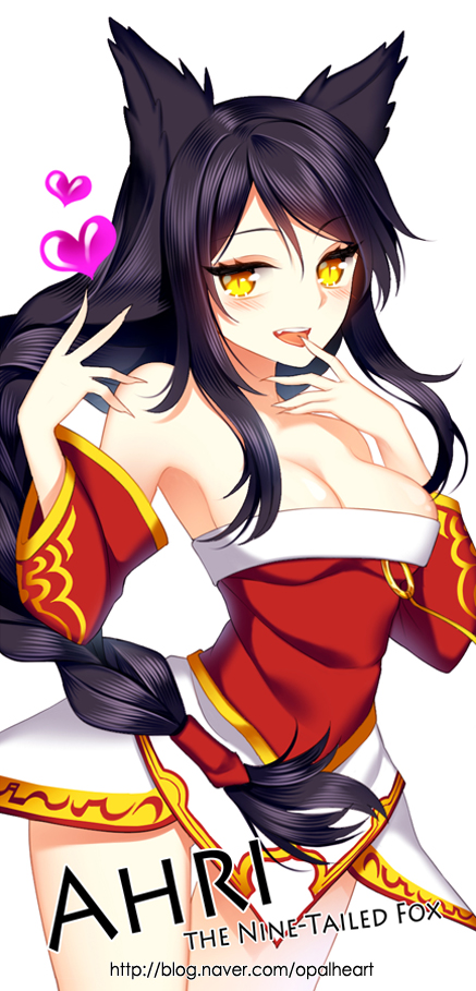 ahri animal_ears bare_shoulders black_hair blush breasts character_name cleavage english fox_ears heart league_of_legends long_hair low_neckline medium_breasts no_tail opalheart simple_background solo watermark web_address white_background yellow_eyes
