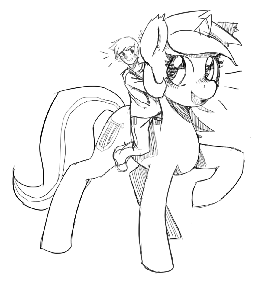 clothed clothing cutie_mark duo equine female friendship_is_magic grin horn horse human invalid_tag looking_back lyra_(mlp) lyra_heartstrings_(mlp) male mammal mewball monochrome my_little_pony open_mouth pony riding smile standing unicorn
