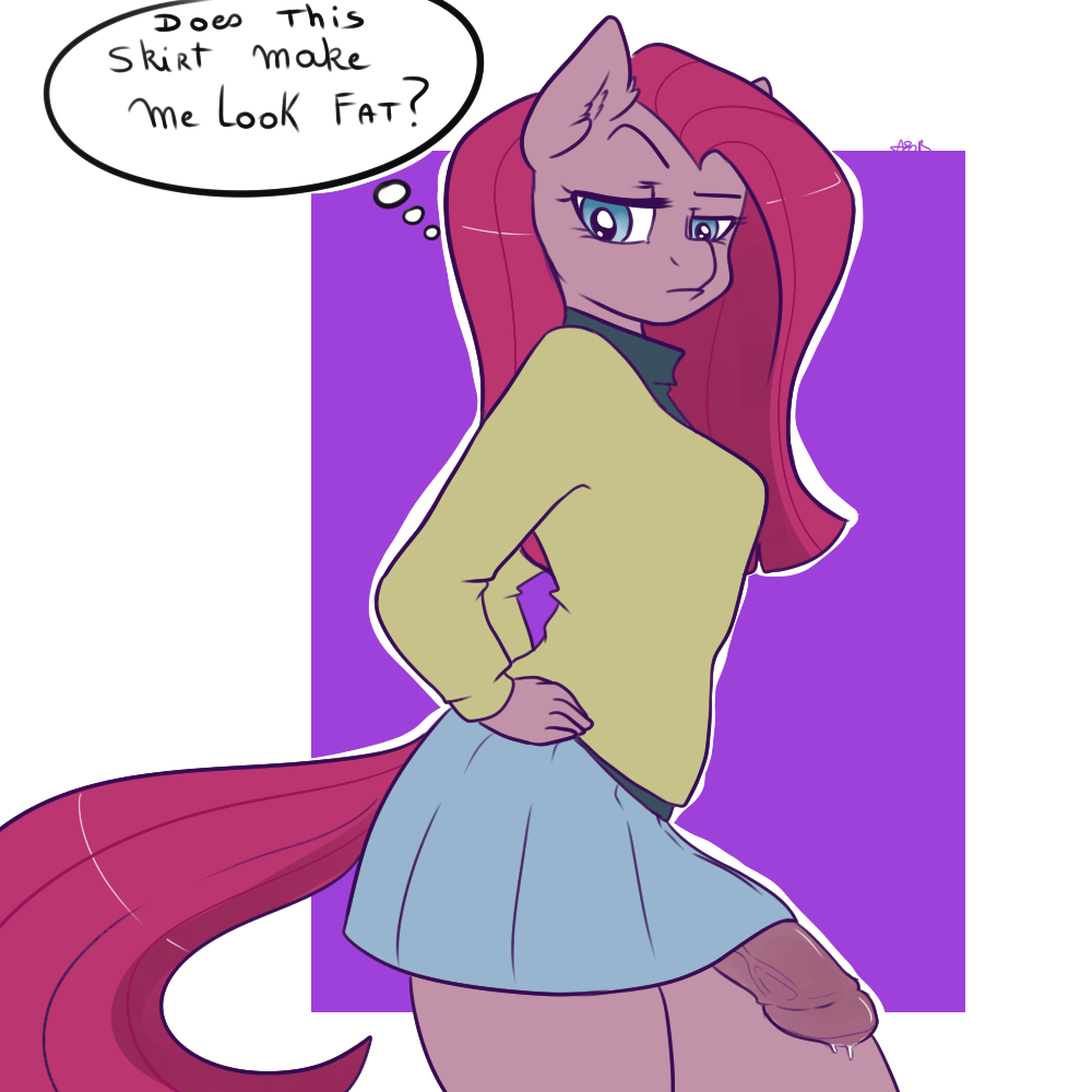 anthro anthrofied arnachy blue_eyes clothing dialog dickgirl english_text equine friendship_is_magic fur hair half-closed_eyes horse intersex mammal my_little_pony penis pink_fur pink_hair pinkamena_(mlp) pinkie_pie_(mlp) pony skirt solo straight_hair text thought_bubble vein