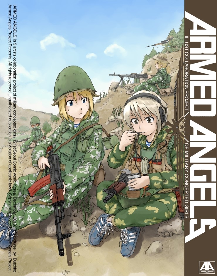 afghanistan aks-74 aks-74u ammunition_pouch anya_(dutchko) armed_angels artist_name assault_rifle backpack bad_id bad_pixiv_id bag blonde_hair blue_eyes brown_hair can cloud commentary day desert doujinshi dragunov_svd dutchko eating food grey_eyes gun hat headset helmet hill hood klmk_(camo) load_bearing_vest long_hair looking_at_another machine_gun magazine_(weapon) military military_uniform multiple_girls original pkm ponytail pouch ration rations rifle rpk-74 russia shoes short_hair sitting sky sling sneakers sniper_rifle soldier soviet telnyashka tree trigger_discipline uniform weapon white_hair