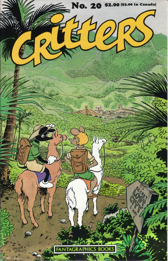 city clothing comic comic_cover cover critters_(comic_book) english_text eyewear female feral glasses kate_worley leaves llama male mammal mountain mouse palm_tree pith_helmet reed_waller reins rodent ruins saddle shoes shorts sign signature text