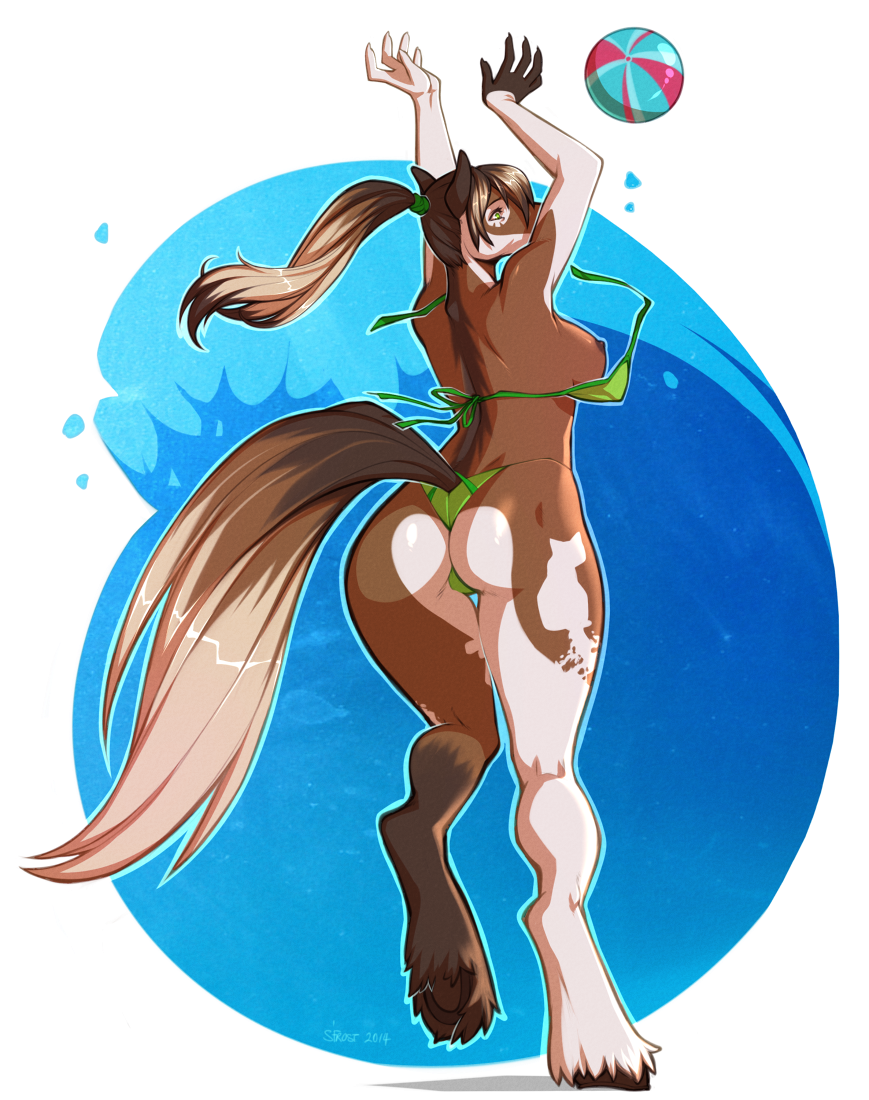 back ball barefoot bikini breasts brown_fur brown_hair butt equine female fur green_eyes hair hooves horse long_hair mammal nipples on_one_leg pinup raised_arm side_boob solo spearfrost standing swimsuit tied_hair xetsa