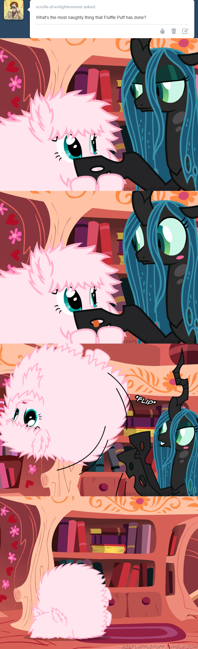 blue_eyes changeling comic duo english_text equine faceplant female fluffle_puff fluffy friendship_is_magic fur green_eyes green_hair hair horn horse judo_flip mammal mixermike622 my_little_pony pink_fur pink_hair pony queen_chrysalis_(mlp) royalty suggestive text tongue tongue_out tumblr