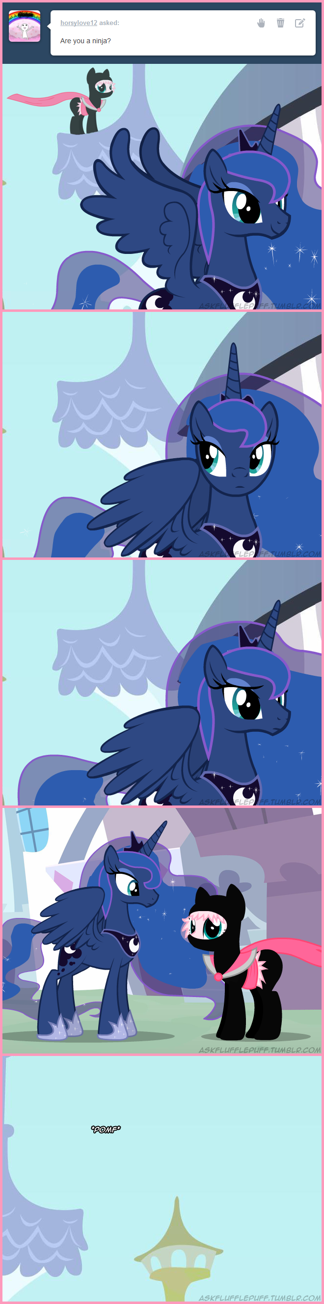 blue_eyes blue_fur blue_hair clothed clothing costume crown cutie_mark duo english_text equine female fluffle_puff friendship_is_magic fur hair horn horse mammal mixermike622 my_little_pony ninja outside pink_fur pink_hair pony princess_luna_(mlp) royalty sky text tiara tumblr winged_unicorn wings