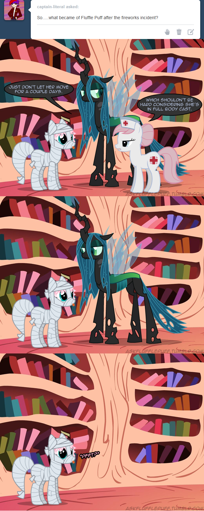blue_eyes cast changeling comic cutie_mark english_text equine female fluffle_puff friendship_is_magic fur green_eyes green_hair hair horn horse mammal mixermike622 my_little_pony nurse nurse_hat nurse_redheart_(mlp) pink_fur pink_hair pony queen_chrysalis_(mlp) royalty text tongue tongue_out tumblr white_fur wings wounded