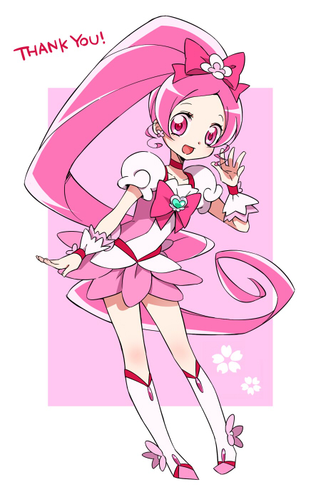 blush boots bow choker cure_blossom dress earrings english eyelashes hair_ornament hair_ribbon hanasaki_tsubomi happy heartcatch_precure! jewelry knee_boots kneehighs long_hair looking_at_viewer magical_girl open_mouth pink_bow pink_choker pink_dress pink_eyes pink_hair ponytail precure ribbon sketch smile solo standing very_long_hair wrist_cuffs yui_(kanatamoo)
