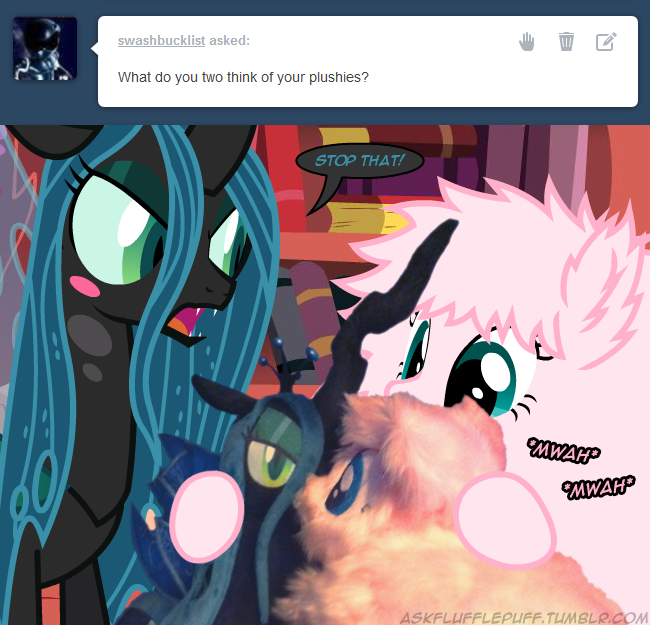 blue_eyes changeling crown duo english_text equine fangs female fluffle_puff fluffy friendship_is_magic fur green_eyes green_hair hair horn horse kissing mammal mixermike622 my_little_pony pink_fur pink_hair plushie pony queen_chrysalis_(mlp) royalty text tiara tumblr wings