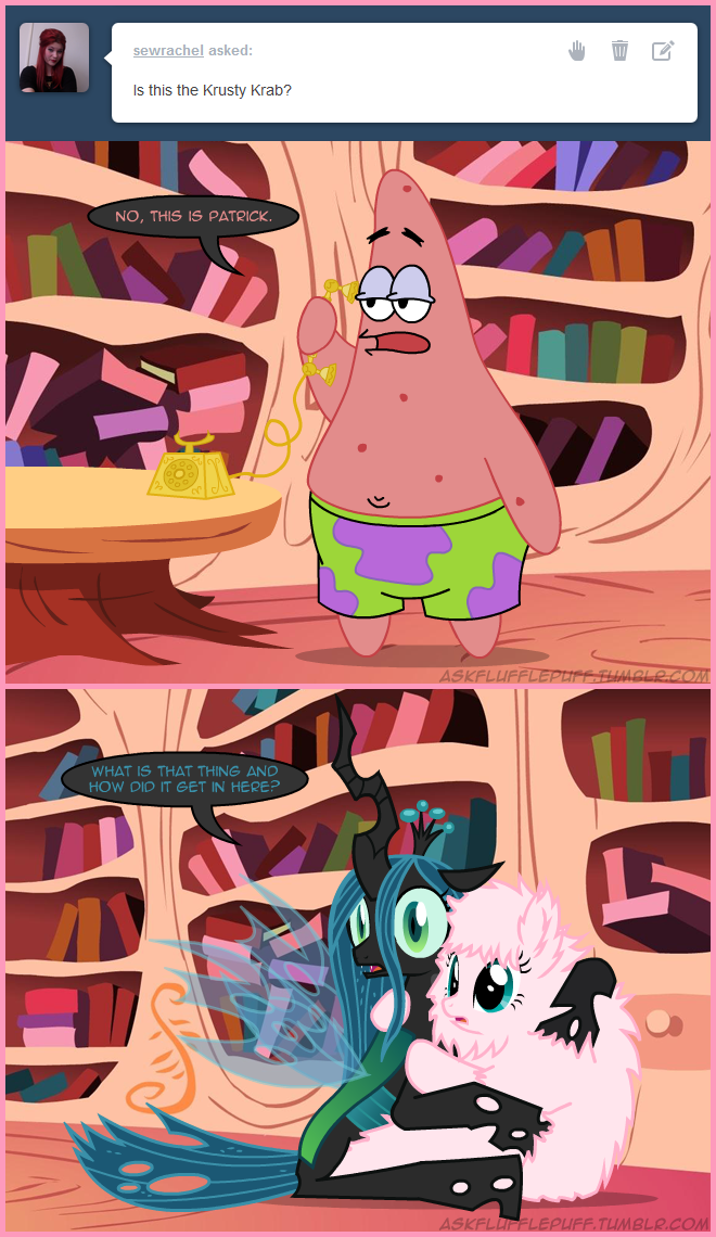 blue_eyes changeling clothing crossover crown cuddling english_text equine fangs female fluffle_puff fluffy friendship_is_magic fur green_eyes green_hair hair horn horse male mammal mixermike622 my_little_pony pants patrick_star phone pink_fur pink_hair pony queen_chrysalis_(mlp) royalty scared spongebob_squarepants starfish text tiara topless tumblr wings