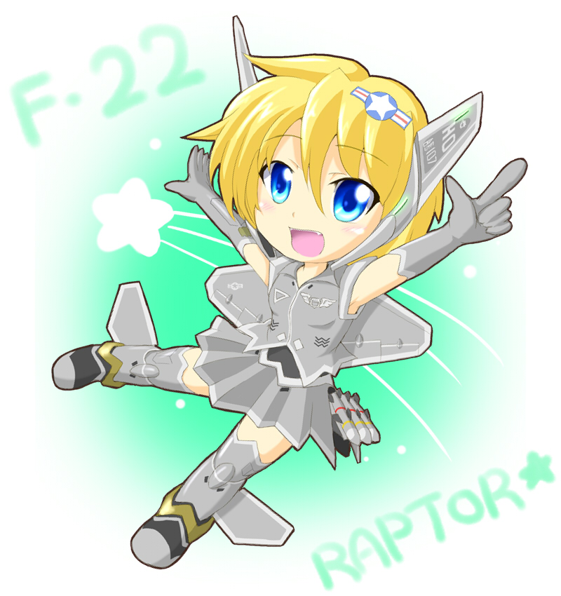 \o/ aircraft airplane arms_up blonde_hair blue_eyes chibi f-22_raptor fangs jet mecha_musume missile original outstretched_arms pointing short_hair solo star zephyr164
