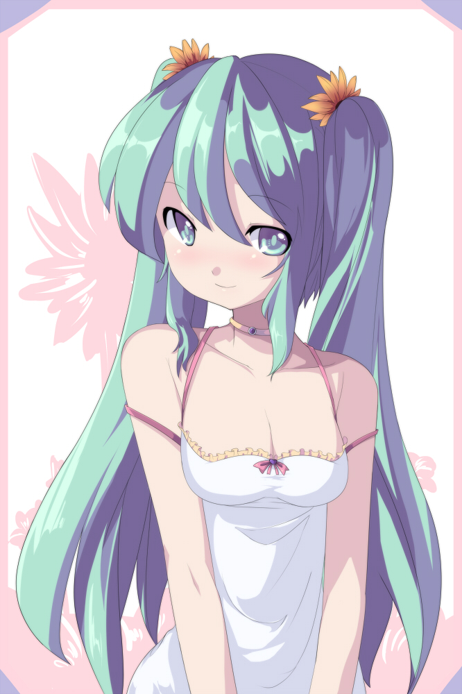 aqua_eyes aqua_hair blush breasts cleavage face flower hair_flower hair_ornament hatsune_miku jewelry long_hair necklace saiste small_breasts smile solo twintails vocaloid