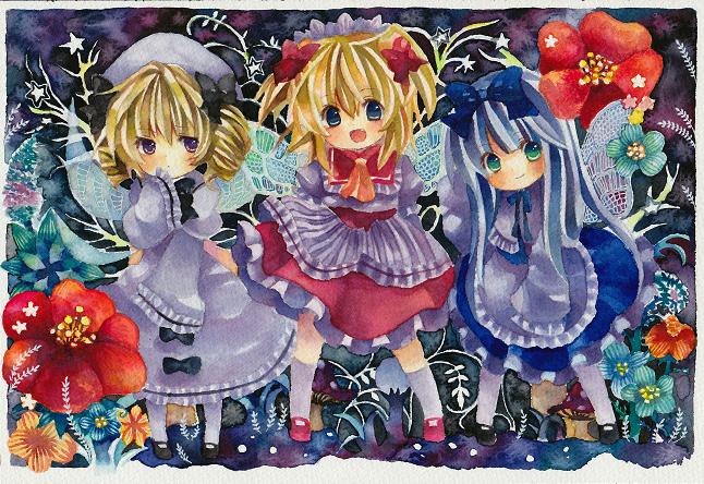 apron blonde_hair blue_dress blue_eyes blue_hair bow cravat dress flower frilled_apron frills green_eyes hair_bow hat long_hair luna_child multiple_girls niko_(2ars) purple_eyes red_dress short_hair star_sapphire sunny_milk touhou white_dress