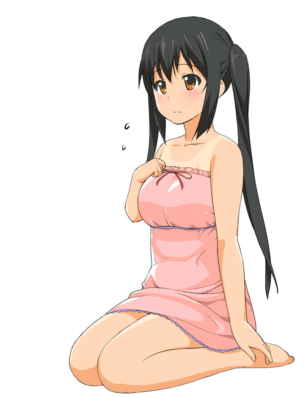 a1 bad_feet bare_shoulders black_hair blush breasts brown_eyes full_body k-on! kneeling long_hair medium_breasts nakano_azusa one-piece_tan seiza simple_background sitting solo tan tanline twintails