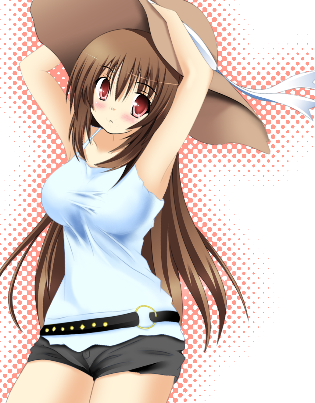 armpits belt brown_hair casual halftone halftone_background hands_on_headwear hands_up hat highres long_hair original paradise_king red_eyes shirt short_shorts shorts solo taut_clothes taut_shirt very_long_hair