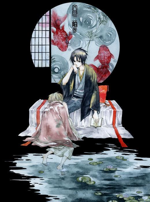 artist_request bed book fish japanese_clothes kimono lily_pad lilypad lotus multiple_boys naruto pond sleeping uchiha_sasuke uzumaki_naruto water wet