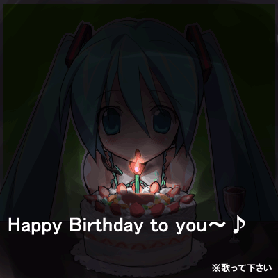 alcohol animated animated_gif aqua_eyes aqua_hair blush cake candle cream dark detached_sleeves eeeeee fang food fruit glass happy_birthday hatsune_miku long_hair lowres necktie pastry solo strawberry twintails vocaloid wine