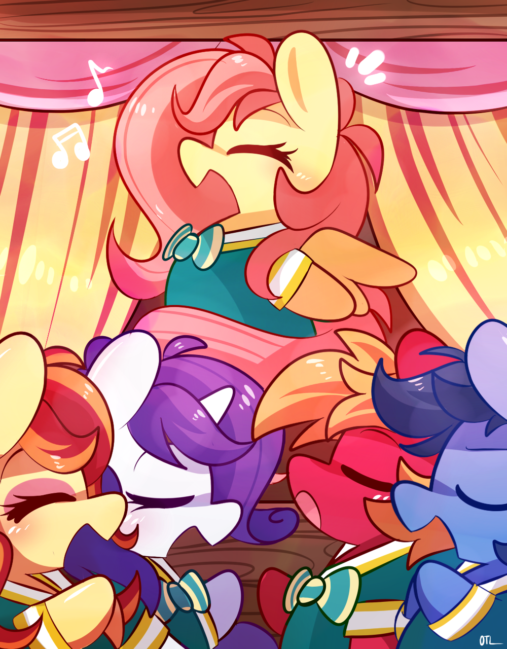 big_macintosh_(mlp) blonde_hair blue_hair bow_tie clothing curtains equine eyes_closed female fluttershy_(mlp) friendship_is_magic group hair horn horse lifeloser male mammal my_little_pony pegasus pony purple_hair rarity_(mlp) singing stage toe-tapper_(mlp) torch_song_(mlp) two_tone_hair unicorn wings