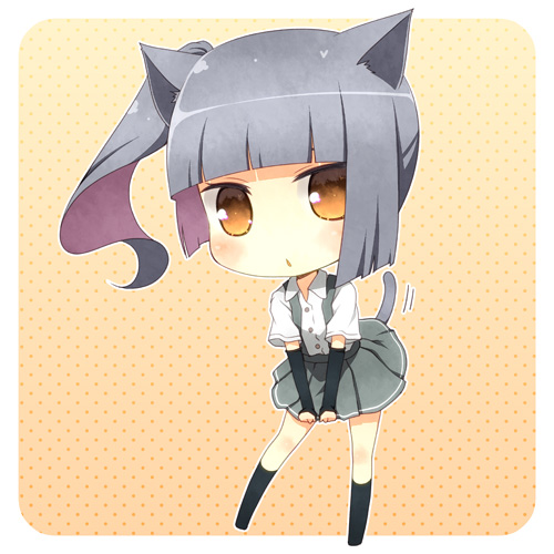 animal_ears arm_warmers cat_ears cat_tail chibi kantai_collection kasumi_(kantai_collection) kemonomimi_mode kouji_(campus_life) looking_at_viewer lowres open_mouth ponytail side_ponytail silver_hair solo tail yellow_eyes