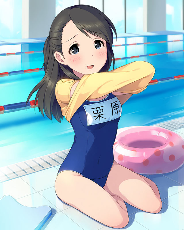 :d artist_request black_eyes black_hair blush covered_navel drain_(object) frame idolmaster idolmaster_cinderella_girls indoors innertube jpeg_artifacts kickboard kurihara_nene lane_line long_hair looking_at_viewer name_tag official_art one-piece_swimsuit open_mouth pool poolside reflection school_swimsuit shirt sitting smile solo swimsuit swimsuit_under_clothes t-shirt undressing water window