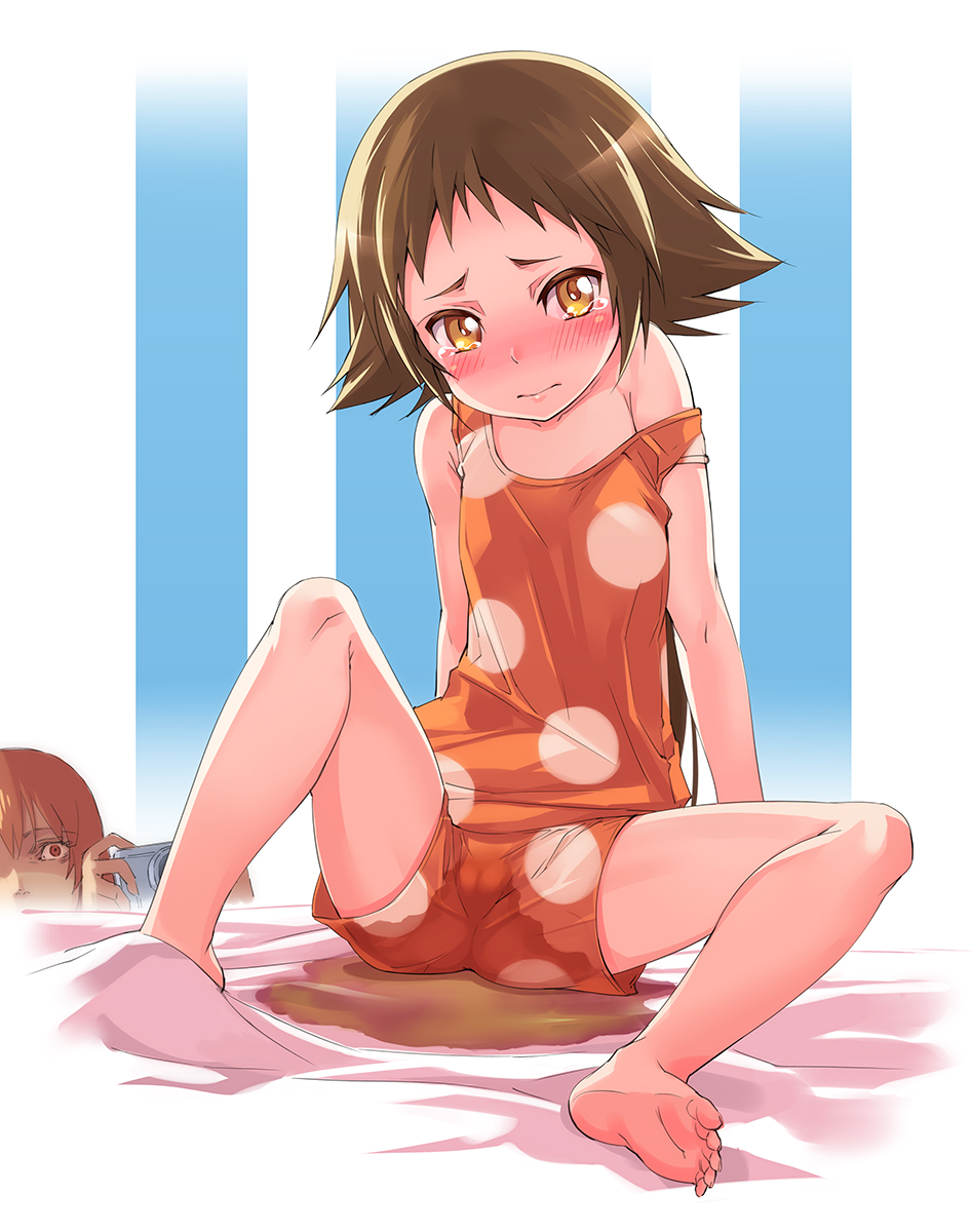 3: barefoot bedwetting blush brown_hair camera constricted_pupils feet female_pervert highres long_hair michairu mikakunin_de_shinkoukei mitsumine_mashiro multiple_girls off_shoulder open_mouth pee peeing peeing_self peeking_out pervert polka_dot polka_dot_shorts red_eyes red_hair shaded_face shorts strap_slip tears voyeurism yellow_eyes yonomori_benio