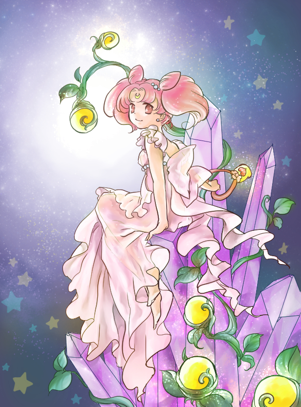 back_bow barefoot bishoujo_senshi_sailor_moon bow chibi_usa crescent crystal crystal_carillon double_bun dress facial_mark forehead_mark full_body looking_back pink_dress pink_eyes pink_hair short_hair sitting small_lady_serenity smile solo star starry_background sugieri twintails