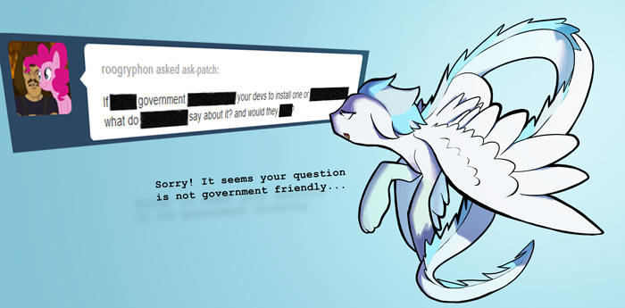 ambiguous_gender ask blue_hair censorship darkflame75 dragon english_text feathers female feral friendship_is_magic fur green_eyes hair metalocalypse my_little_pony original_character patch(character) pinkie_pie_(mlp) smile text tumblr william_murderface wings