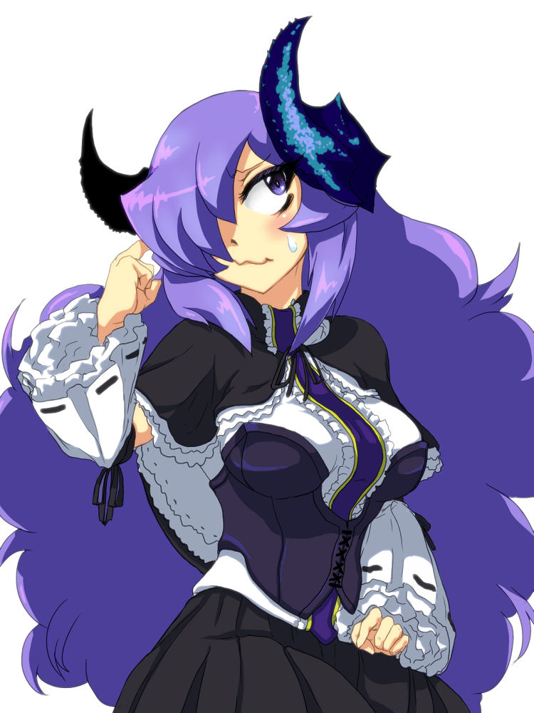 alternate_costume big_hair blush breasts capelet corset demon_girl demon_horns detached_sleeves embarrassed frills gothic_lolita hair_over_one_eye hand_on_hip horns large_breasts lolita_fashion long_hair marupon nise_maou_kanizeru purple_eyes purple_hair solo sweatdrop very_long_hair yuusha_to_maou